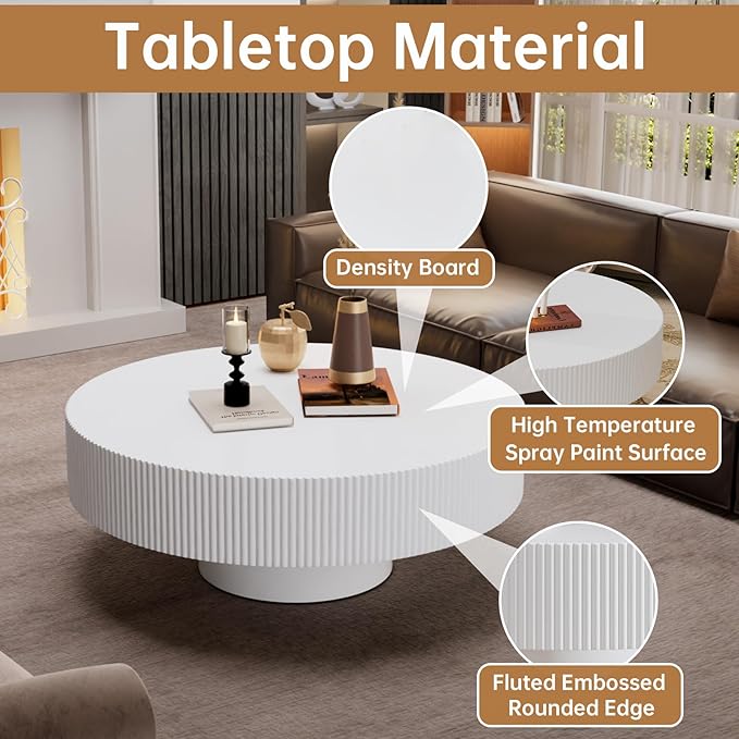 Round Coffee Table 30.7" Modern White Fluted Coffee Table Low Round Drum Pedestal Coffee Tables for Living Room Farmhouse (White 30.7in)