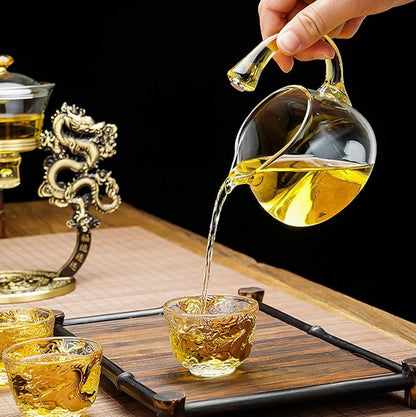 Semi Automatic Drip TeaPot, Lazy Kung Fu Glass Magnetic Tea Set, Pure Copper Heat Resistant Glass Magic Teapot Set, Suitable for home/office Reception Tea Set, Perfect for Holiday Gifts