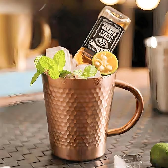 YJX 10oz Coffee Mugs Set of 4, Hammered 304 Stainless Steel Double Mug for Gifts, Lightweight Copper Teacups with Handle, Cups for Tea, Cold Drinks, Beer, Wine, Bars, Parties(300ml)