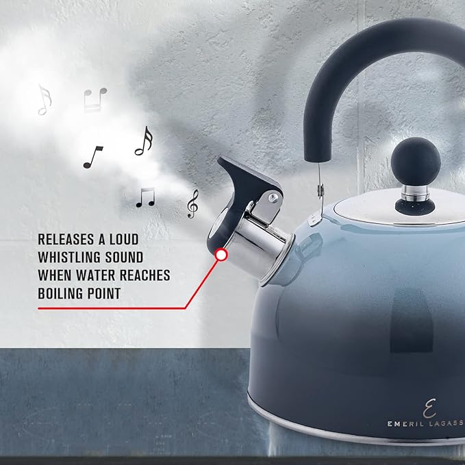 Emeril Lagasse 2.6 Quart/2.5 Liter Whistling Tea Kettle, Stainless Steel Tea Pot for Induction Stove Top, Fast to Boil Water for Home Kitchen Condo, with Ergonomic Cool Folding Grip Handle, Black Comb