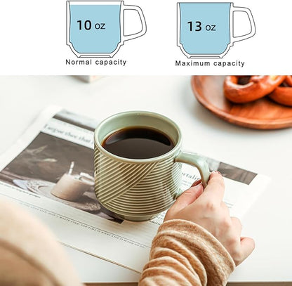 Stackable Coffee Mugs Set: 13 oz Ceramic Stacking Cups for Cappuccino Latte Tea - Microwave Safe Mug for Home & Office - 4 PCS, Pea Green