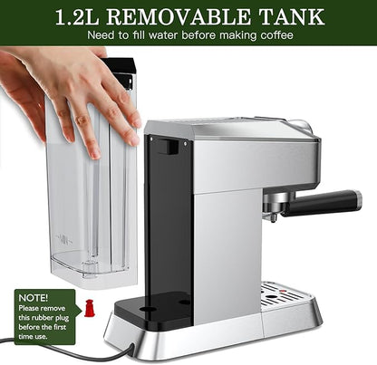 Espresso Machine 20 Bar - Stainless Steel Silver Coffee Maker for Home & Office, Compact with Fast Heating, High-Pressure & Removable Water Tank for Coffee Lovers