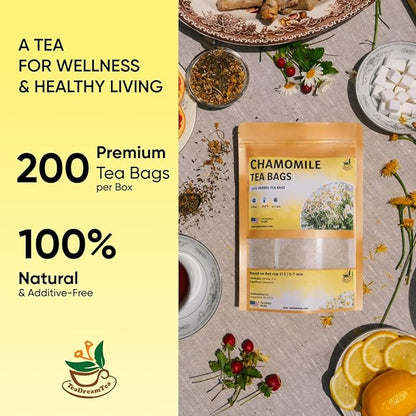 TeaDeam Tea Chamomile Tea Bags | Caffeine-Free & Sleep Time Tea | Chamomile Flowers Aroma - For Relieving Stress | Brew Hot Or Iced | 200 Tea Bags