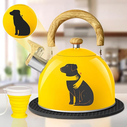 ARC Stainless Steel 2-Quart Whistling Yellow Tea Kettle with Magic Color Changing Design, Stovetop Teapot With Folding Cup & Trivet Mat