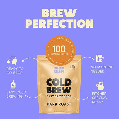 Birch Glen Roasters Cold Brew Coffee Bags - 12 Pack of Coarse Ground Coffee Filter Pitcher Packs for Easy Brewing - 100% Arabica - Yields 6 Pitchers - Medium Roast