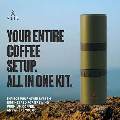 Nest Pour Over Coffee Kit | Coffee Maker for Camping | All-In-One Travel Pour Over | Transportable Dripper, Two 10oz Stainless Steel Travel Mugs | Compact Storage & Adventure Ready | Deep Moss