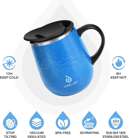 Ideus 16 oz (470 ml) Insulated Coffee Mug with Handle and Lid, Double Wall Stainless Steel Vacuum Thermal Coffee Mug, Travel Coffee Cup Thermal Cup for Home and Office (Leopard Blue)