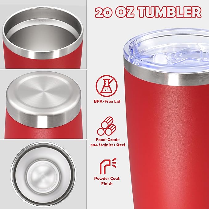 20oz Tumbler Stainless Steel Tumbler Cup with Lid Vacuum Insulated Double Wall Travel Mug, Durable Powder Coated Travel Coffee Tumbler Mug for Hot & Cold Drinks, Red,4 Pack