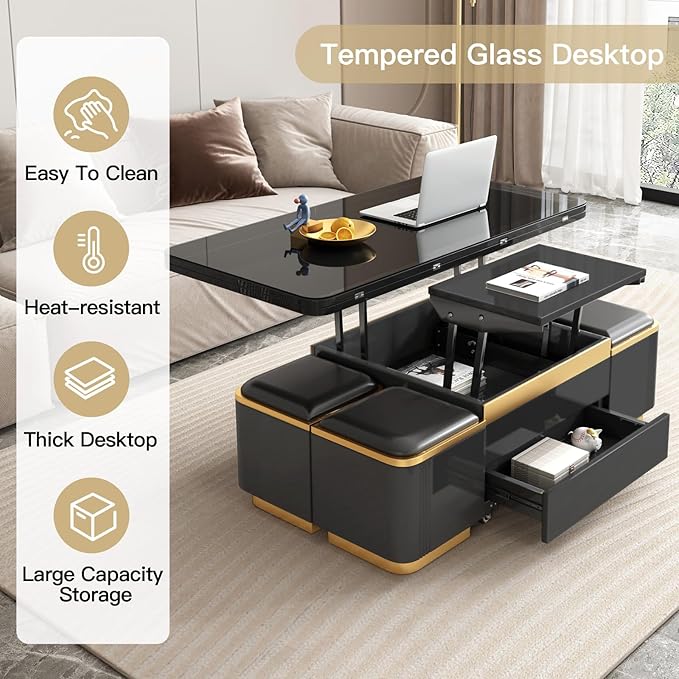 Multifunctional Lift Top Coffee Table, Extendable Coffee Table with 4 Storage Stools, Space Saving Folding Dining Table for Living Room, Office, Small Space