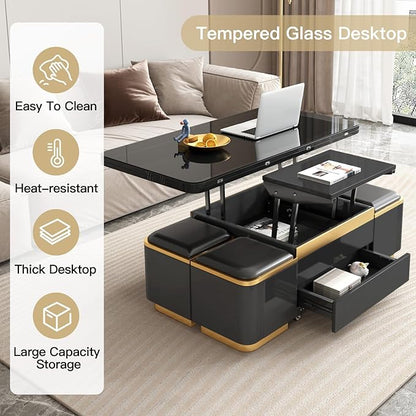 Multifunctional Lift Top Coffee Table, Extendable Coffee Table with 4 Storage Stools, Space Saving Folding Dining Table for Living Room, Office, Small Space
