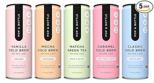 Pop & Bottle, Oat Milk Lattes - Maca, Antioxidants, Ashwagandha, MCT Oil, Collagen, Mushrooms, Organic, Dairy & Gluten Free, Great as Iced Coffee, Lightly Sweetened with Dates - 8 Fl Oz (5 Pack)
