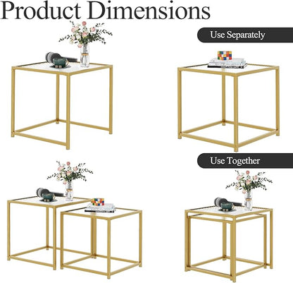 VILAWLENCE Coffee Table Set of 2, Modern Gold Patterned Glass Side Table, Metal Frame Square End Table, Center Tables Nesting Coffee Table for Living Room,Bedroom and Small Spaces