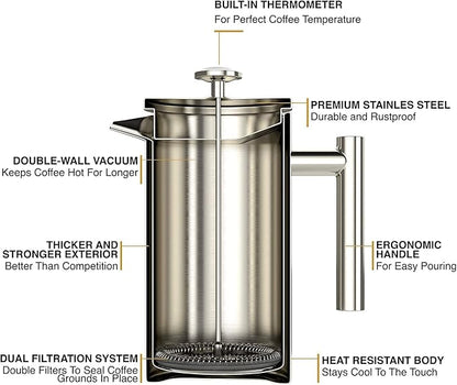 Barista Warrior French Press with Thermometer - Insulated Coffee Press - Stainless Steel Coffee Maker (1.0L | 34 fl oz) (White)