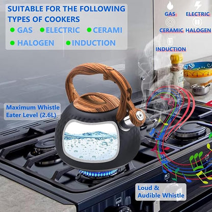 Tea Kettle Stovetop, 3.2 Qt Stainless Steel Whistling Kettle for Stove Top, Food Grade Teapot with Wood Pattern Handle for Coffee, Milk etc, Gas Electric Applicable (Black)