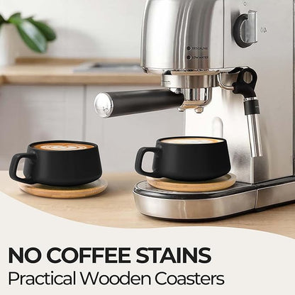 MIAMIO – 11 Oz., Set of 4 Ceramic Tea Cup and Saucer Bamboo/Tea Mug - Wide Cappuccino Cup, Coffee Cups Ceramic Mug for Cappuccino, Latte, Espresso & Americano - Luxe Collection (Black)