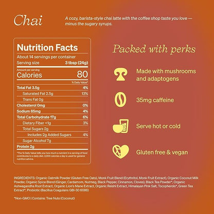 Clevr Blends Chai Tea Latte, Instant Superfood Powder Blend with Oat Milk, Lion’s Mane, Reishi Mushroom, Black Tea, Organic Spices, Coconut Cream, Ashwagandha, Oprah’s Favorite Things 2022 (14 Lattes)