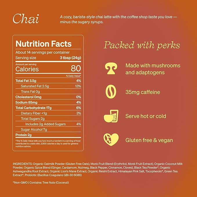 Clevr Blends Chai Tea Latte, Instant Superfood Powder Blend with Oat Milk, Lion’s Mane, Reishi Mushroom, Black Tea, Organic Spices, Coconut Cream, Ashwagandha, Oprah’s Favorite Things 2022 (14 Lattes)