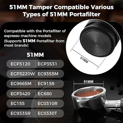 IKAPE 51MM Espresso Tamper, New Wooden Handle Design，Premium Barista Coffee Calibrated Tamper with Spring Loaded, 100% Stainless Steel Tamper Compatible with All 51MM Bottomless Portafilter