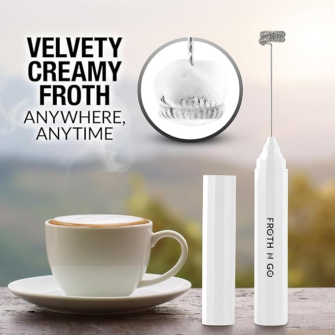 Zulay Kitchen FrothMate Powerful Milk Frother Portable & Compact Handheld Foam Maker Lattes, Cappuccinos (Blizzard White, Froth N Go)