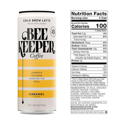 Beekeeper Coffee Cold Brew with Oregon Honey, Mixed Variety Pack, 8 fl oz Cans (Pack of 12), Ready-to-Drink Black, Caramel, Mocha & Vanilla Lattes