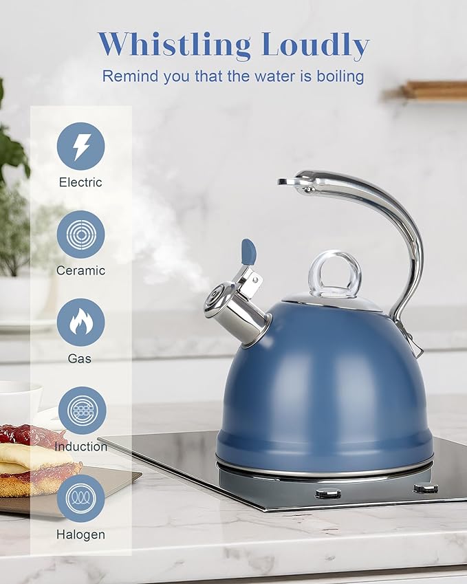 Harriet Tea Kettle Stovetop, 2.5 Quart Whistling Stainless Steel Tea Pot, 3-Layer Base, Unique Ergonomic Handle, Includes Pot Holder & Mat, Electric/Induction/Gas Stovetops Applicable, Blue