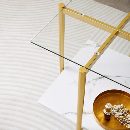 Square Glass End Table, Mid-Century Modern Design Sofa Table, for Living Room, L18 x W18 x H23, Clear Glass Top and White Marble MDF Shelf, Sleek Conical Metal Legs with Gold Finish