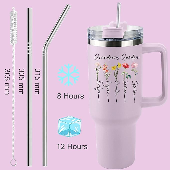Ships Next Day,Birth Flower 40 Oz Tumbler with Handle and Straw, Personalized Tumbler with Name Insulated Cup Reusable Stainless Steel Water Bottle Travel Mug Christmas Birthday Gifts for Women