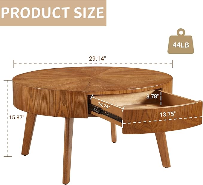 Round Wood Coffee Table for Living Room, Modern Farmhouse Table with Drawer, Wooden Circle Coffee Table, 29.14" L x 29.14" W x 15.87" H
