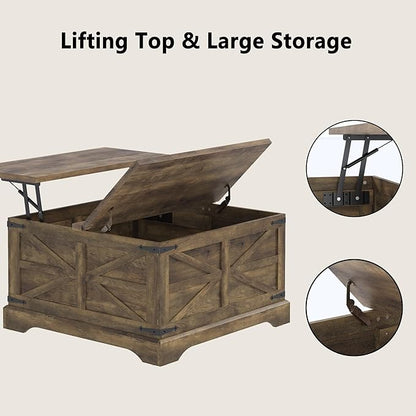 Furnideco 35.5''W Square Coffee Table Farmhouse Lift top Coffee Table with Large Hidden Storage, Wood Center Table for Living Room, Home Office, Brown