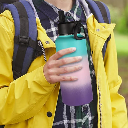 Volhoply 32oz Insulated Water Bottles Bulk 2 Pack with Straw Lid &Spout Lid,Stainless Steel Sports Water Bottle,Double Wall Vacuum Cups,Leakproof Wide Mouth Metal Flask for Travel(Gradient Color,2)