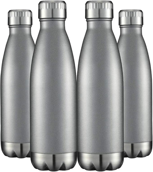 HASLE OUTFITTERS 17oz Stainless Steel Water Bottles Bulk, Vacuum Insulated Water Bottles Double Walled Reusable Metal Sports Water Bottles Keep Drinks Hot and Cold, Gray, 4Packs