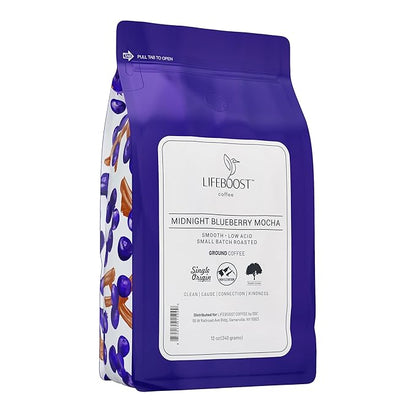 Lifeboost Midnight Blueberry Mocha Ground Coffee - Low Acid Single Origin Coffee - Non-GMO Wild Blueberry Coffee Grounds Third Party Tested For Mycotoxins & Pesticides - 12 Ounces