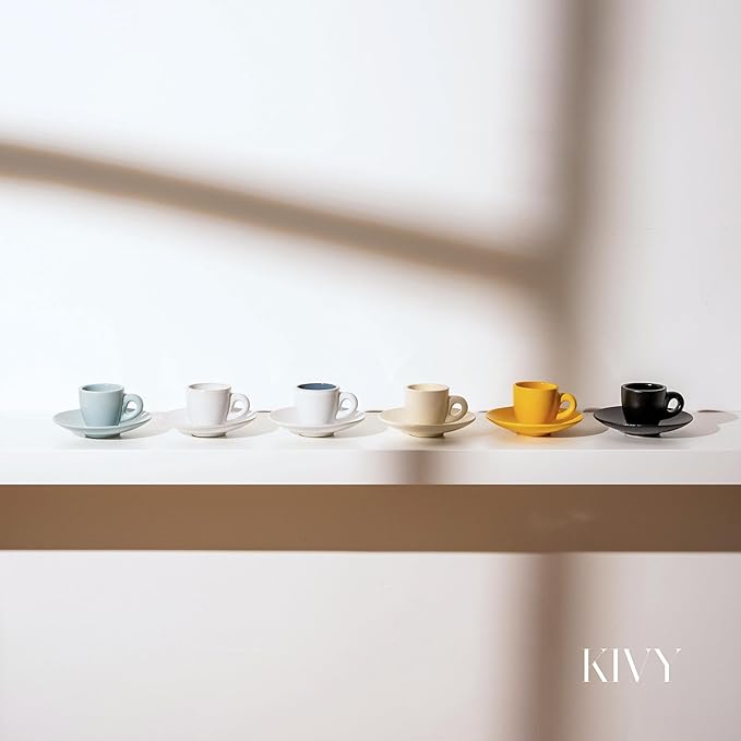 KIVY Espresso Cups Set of 4 [Set 4x 3oz]- Espresso Set Thick Walled Stoneware Espresso Cup Set - Italian Style Espresso Cups and Saucers - Espresso Mugs - Demitasse Cups and Saucers Sets - Yellow
