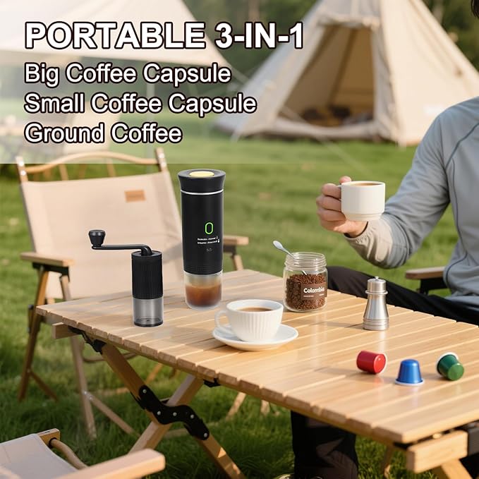 Portable Coffee Maker Set, Electric Espresso Machine & Manual Coffee Bean Grinder, Self-Heating Coffee Kit for Ground Coffee and Small & Big Capsules for Home Car Travel Camping Hiking
