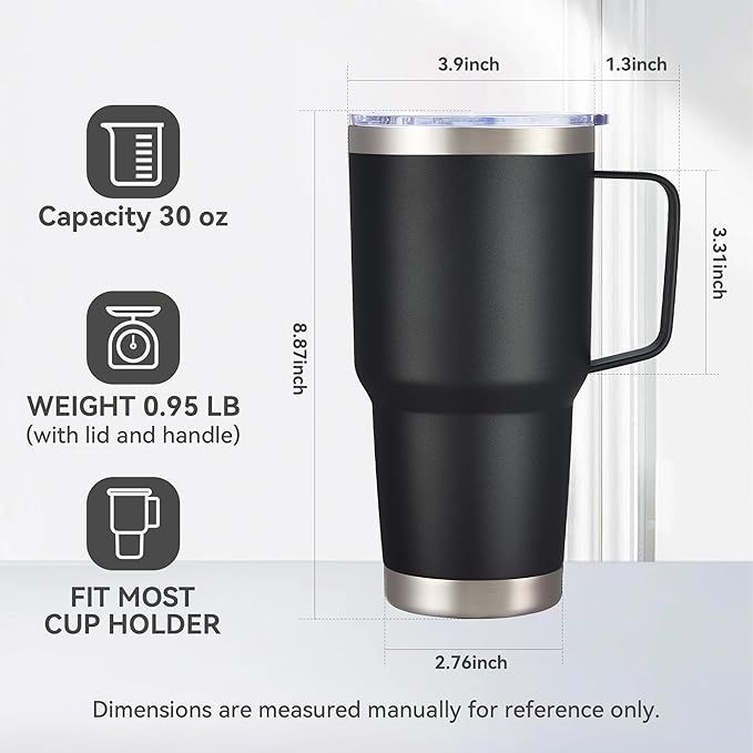 30 oz Tumbler with Handle and Lid, Stainless Steel Tumblers Double Wall Vacuum Insulated Travel Mug Leak Proof Cup Keep Drinks Cold and Hot Black, 1 Pack