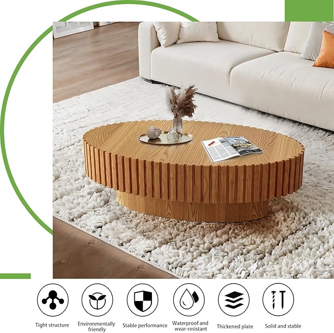Handmade Oval Grooved Drum-Shaped Coffee Table、Rustic Modern Circular Centerpiece for Living Room & Farmhouse Decor、Easy to Clean (C Wood 43in)