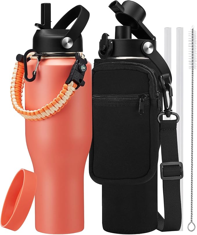 Insulated Water Bottle 40 oz with Straw - Water Bottle with Straw Lid, Pop-up Lid & Carrier Bag, Metal Coffee Cup Travel Mugs Insulated for Hot 24h and Cold 48h