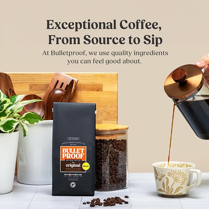 Bulletproof Original Medium Roast Whole Bean Decaf Coffee, 12 Ounces, Coffee Tested for Toxins, Packaging May Vary (Pack of 2)