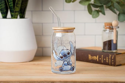 Silver Buffalo Disney Lilo and Stitch Sitting Glass Jar Tumbler with Bamboo Lid and Glass Straw, 16 Ounces