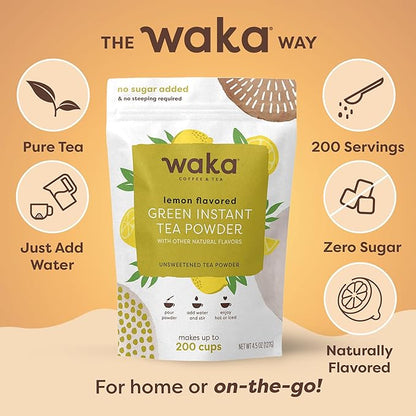 Waka Instant Green Tea Mix, Lemon Flavored - 100% Tea Leaves, No Additives, Unsweetened Tea Powder in Bulk Pouch – Easy Quick Hot and Iced Teas, Up to 200 Cups (4.5oz)