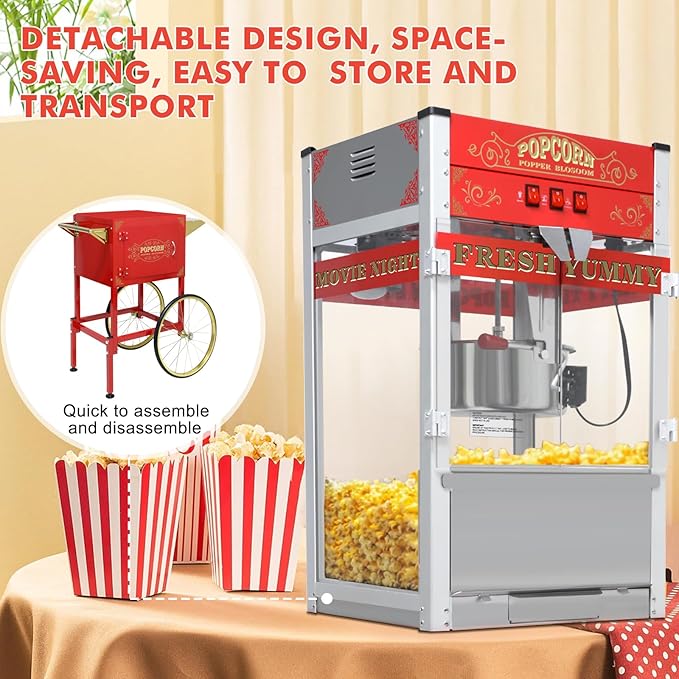 Commercial Popcorn Machine with Cart, Wheels & 20 Oz Kettle,Popcorn Popper Machine Vintage Style Movie Theater Popcorn Maker Machine for Parties, Events, Commercial, and Home Theater