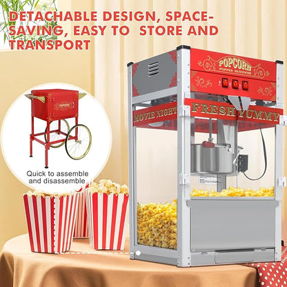 Commercial Popcorn Machine with Cart, Wheels & 20 Oz Kettle,Popcorn Popper Machine Vintage Style Movie Theater Popcorn Maker Machine for Parties, Events, Commercial, and Home Theater