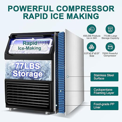 Commercial Ice Maker Machine 450LBS/24H with 77LBS Large Ice Storage Bin, 144Pcs Clear Ice Cubes in 11Mins, Stainless Steel Under Counter Industrial Ice Machine for Bar, Restaurant Business