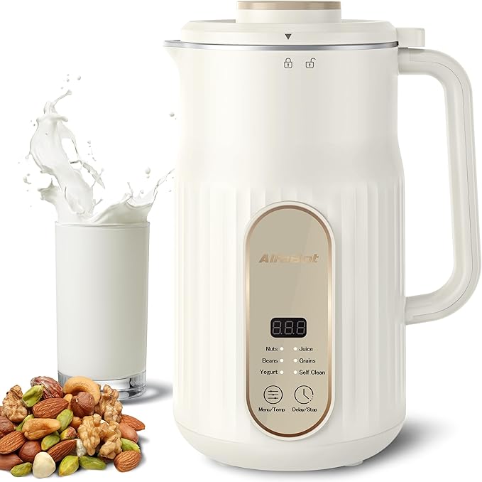 Nut Milk Maker, AlfaBot N2 Automatic Almond Milk Machine for Homemade Plant-Based Milk, Oat, Soy, Yogurt, 5 Modes/35OZ Big Capacity Soy Milk Maker with Delay Setting and Self Cleaning (White)