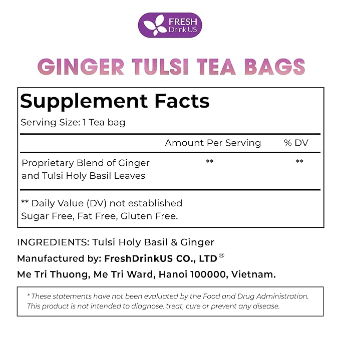 FreshDrinkUS, Premium 75 Ginger Tulsi Tea Bags, 100% Natural, Hand-made Blend of Ginger and Tulsi Holy Basil Leaves, Eco-conscious Tea Bags. Herbal Tea. No Sugar, No Caffeine, Vegan.
