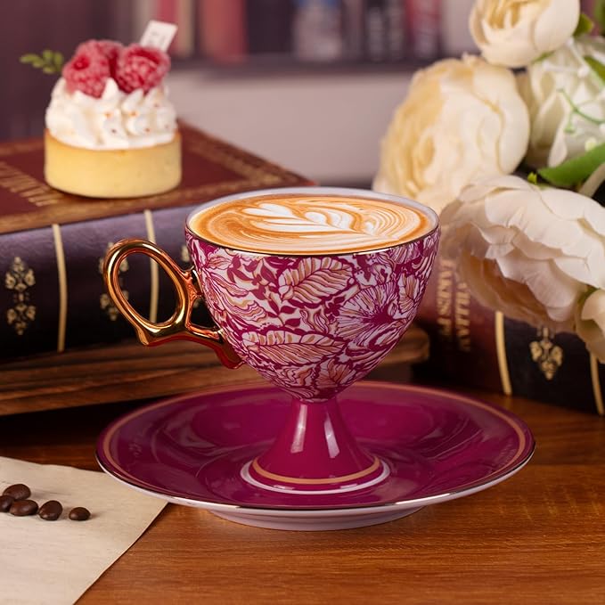 KAMMAK Ceramic Coffee Cups and Saucers Set of 2, Porcelain Espresso Cups with Saucers, 7.7 oz Handcrafted Ceramic Floral Coffee and Tea Cup, Vintage Drinkware for Tea Party, Office, Women Gifts