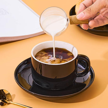 7 oz Coffee Cups with Saucers Spoons - Set of 6 Cappuccino Cups, Black Porcelain Cups Serving for Tea Espresso Latte Mocha