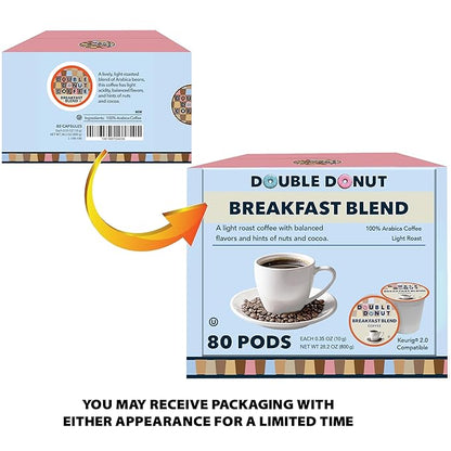 Double Donut Coffee Breakfast Blend Coffee Pods, Light Roast Coffee in Recyclable Single-Serve Pods for Keurig K Cups Brewer Machines, 80 Count Bulk Pack, original version