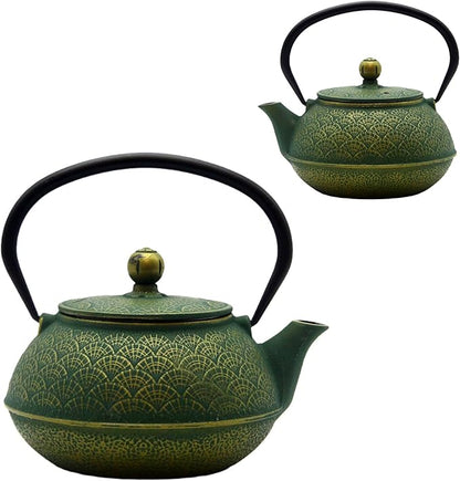 900ml Cast Iron Tea Kettle,SECHUDO Teapot Coated with Enameled Interior for Loose Leaf, Small Cast Iron Teapot with Strainer for Stovetop Safe, Green Iron Kettle(30.4oz)