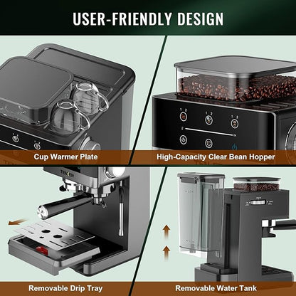 TENKER Espresso Machine with Grinder, 20 Bar Coffee Machine with Milk Frother for Home, All-in-One Stainless Steel Coffee Maker to Make Latte, Cappuccino, Hot or Cold Brew Iced Coffee, Americano
